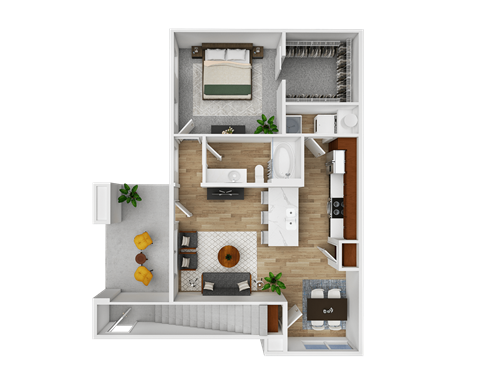 A 3D floor plan of a small apartment with a living room, kitchen, and bathroom.
